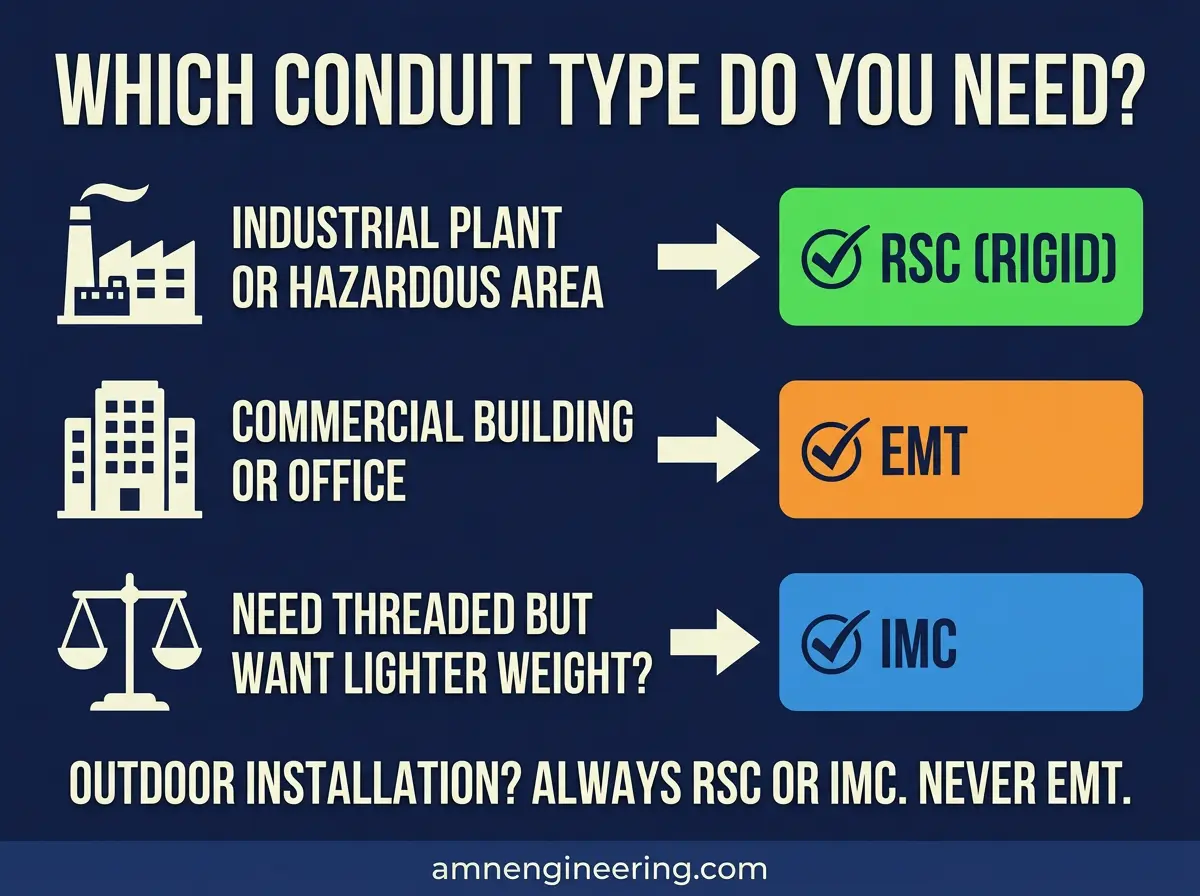 When to use rigid steel conduit vs EMT vs IMC showing typical installation environments for each conduit type